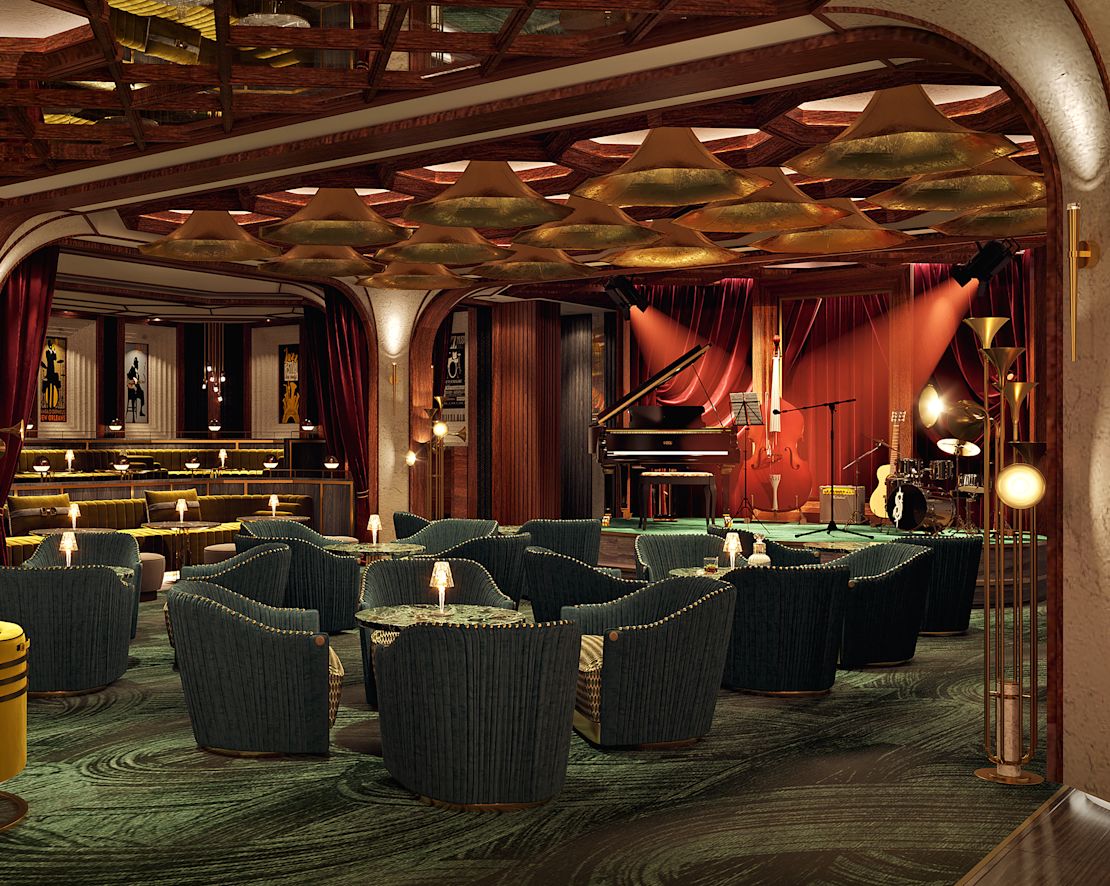 テーブル席とステージ、音楽を背景にしたジャズバー。- 旧バージョン