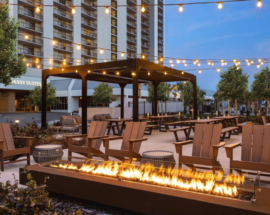 Spacious Outdoor Beer Garden featuring Ample Seating, Fire Pit and Covered Gazebo Area-transition