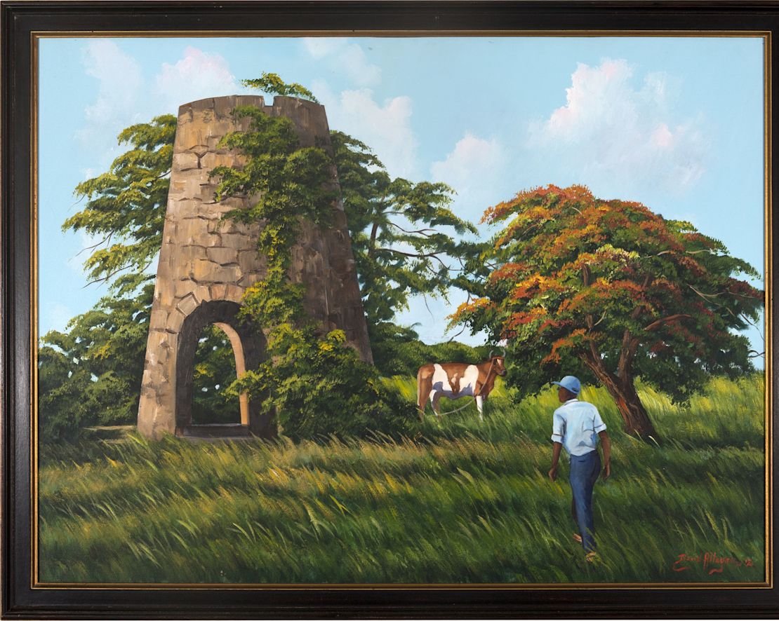 Artwork depicting man walking towards an old mill, with cow in field-transition