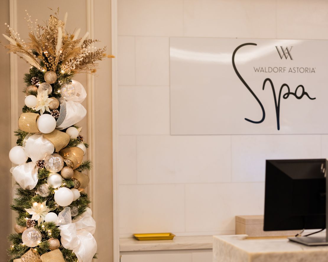 Recepție spa, decorată cu alb și auriu, cu tranziție în copac