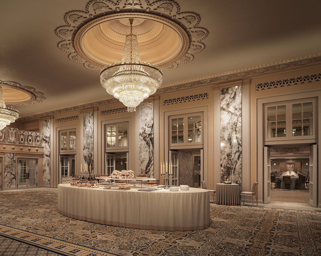 The Grand Ballroom East Foyer with food set up on table-previous-transition