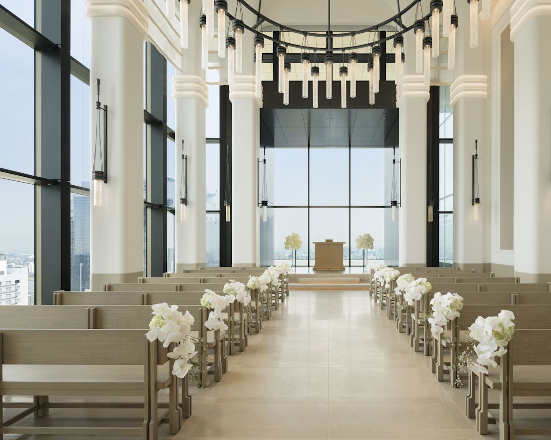 wedding chapel, seating rows with flowers-transition