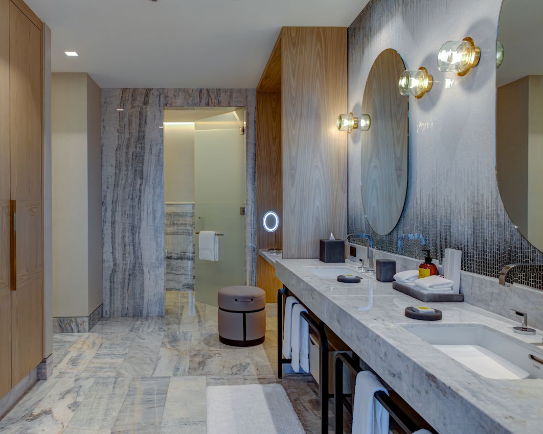 Bathroom vanity with two sinks and shower room-previous-transition