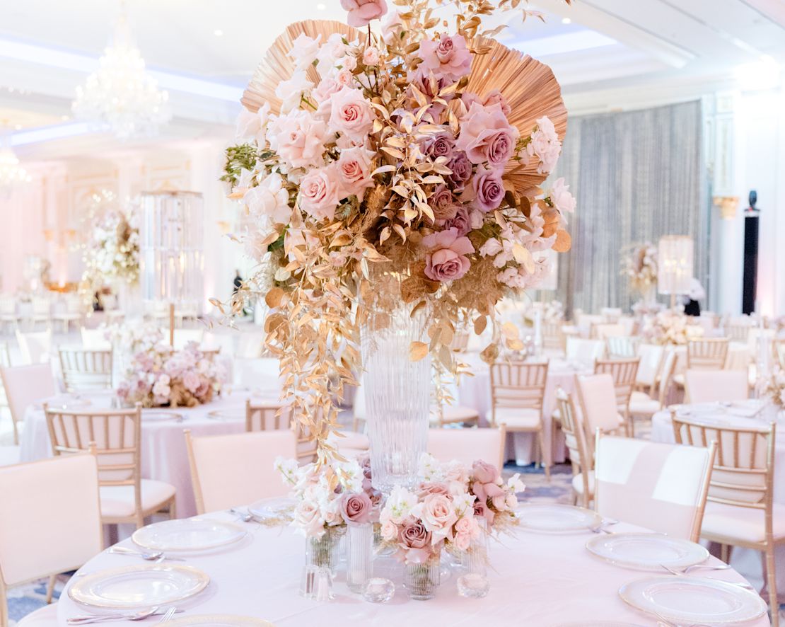 ballroom, wedding reception set up, table detail, pink flowers-transition