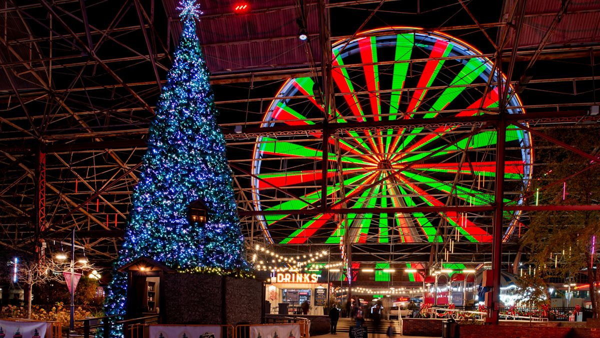 People in an Area Decorated with Lights to Celebrate the Holiday Season