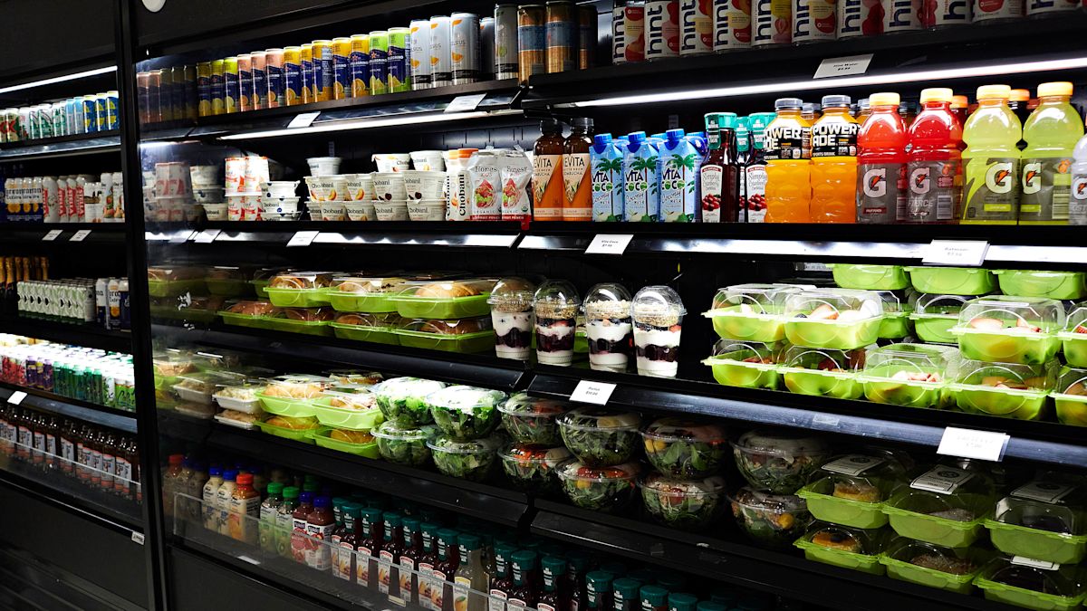 A large selection of cold food and drinks for sale