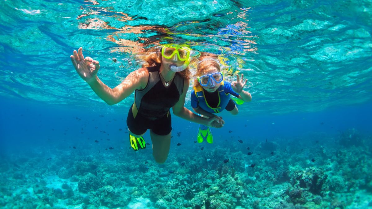 Mother and kid in snorkeling mask dive underwater with tropical fishes in coral reef sea pool. Show by hands divers sign O