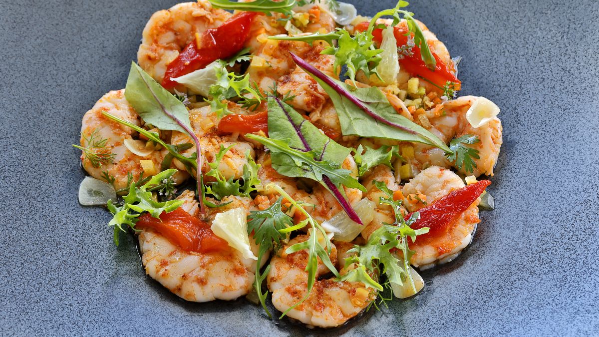 Shrimp Dish with Vegetables at a Restaurant