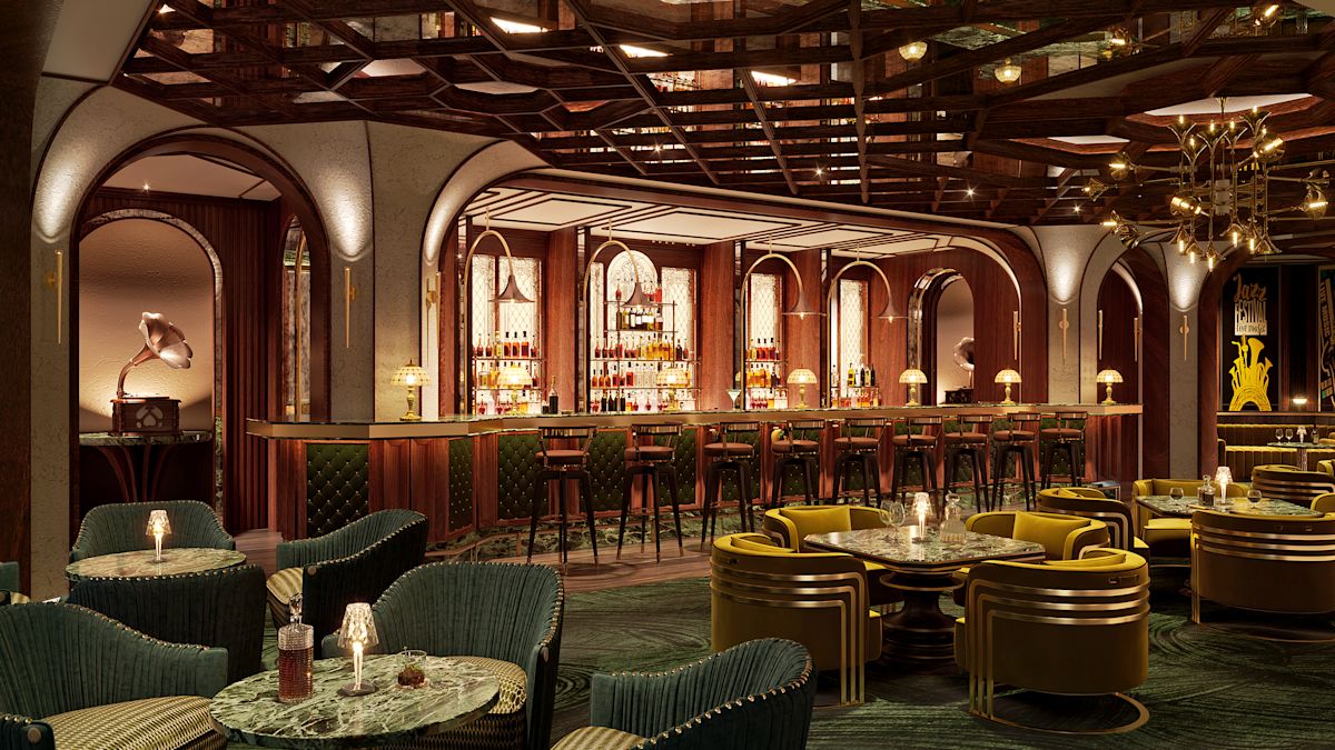 Jazz-Bar mit Tisch und Hockern in der Bar im Hintergrund.