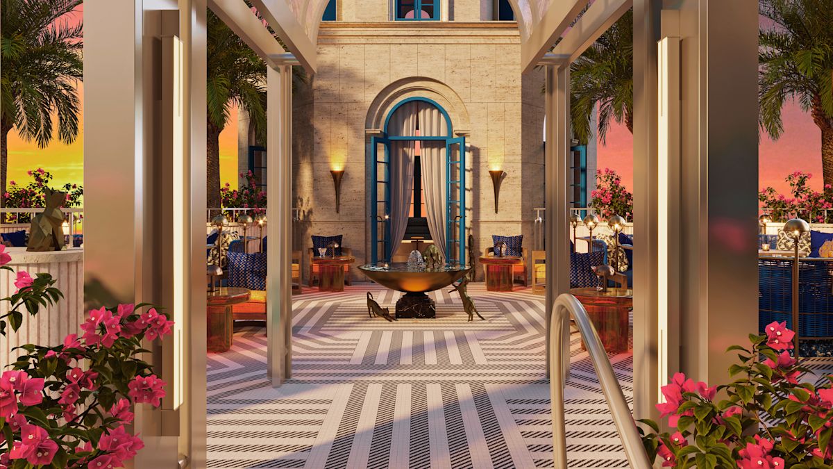 Área de estar ao ar livre no Sunset Deck com uma variedade de opções confortáveis e um lindo pôr do sol.