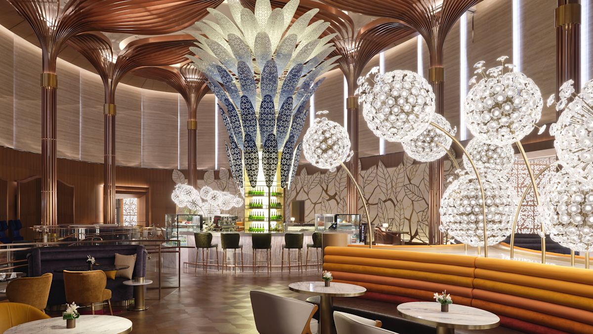 호라이즌 라운지, 파란색 및 원형 흰색 조명으로 장식된 바 및 라운지 공간