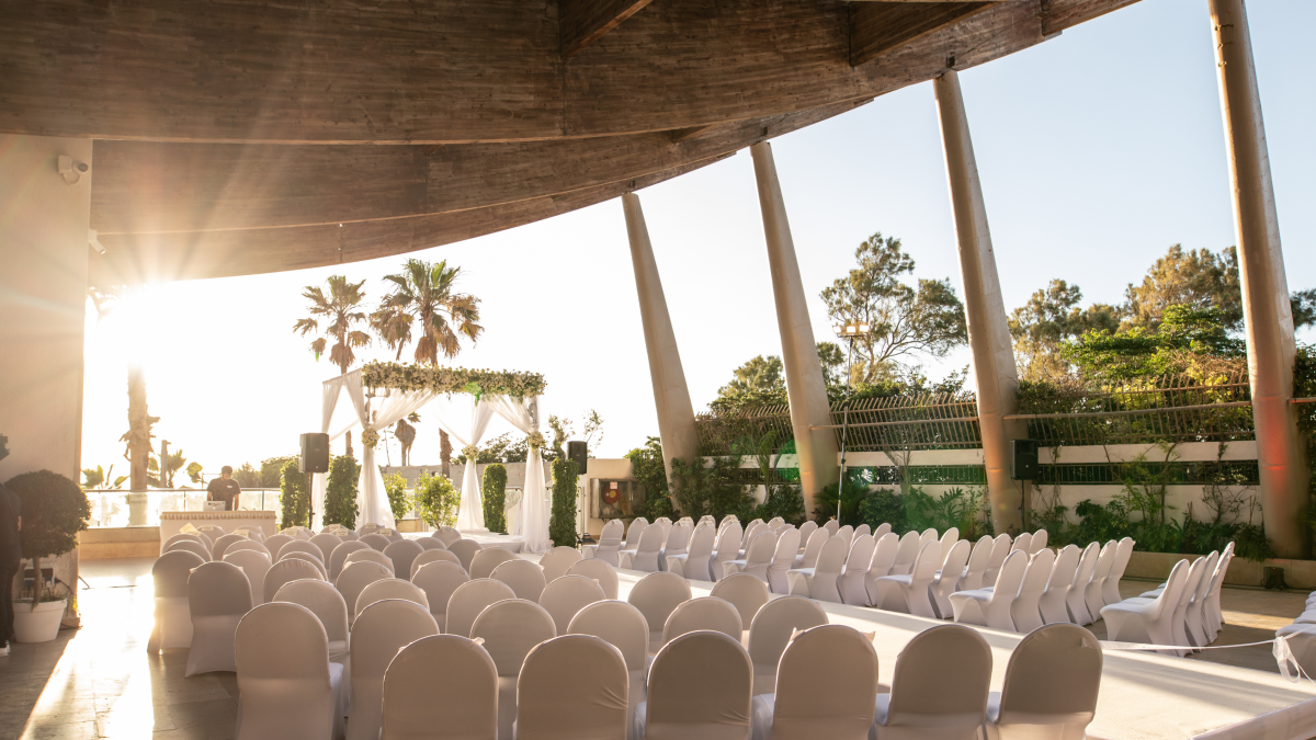 Ballroom Terrace in wedding setup with white chairs