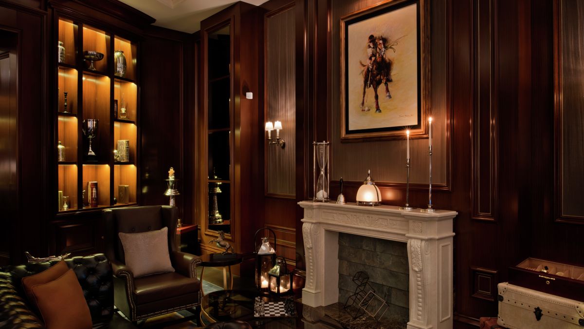 Polo Bar with Fireplace and Display Case