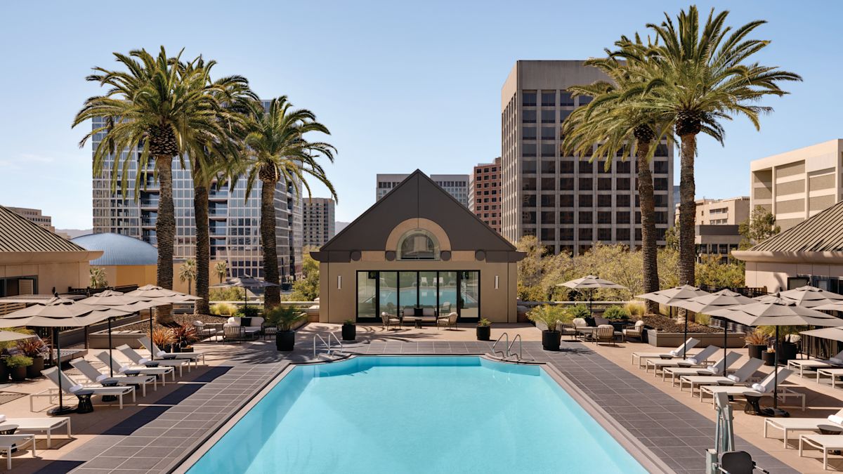 Outdoor pool with loungers and palm trees