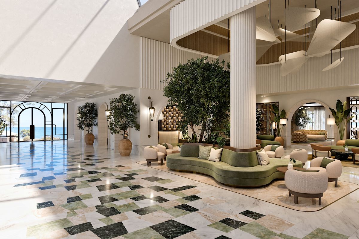 Седене в лобито на хотела и изглед към морето