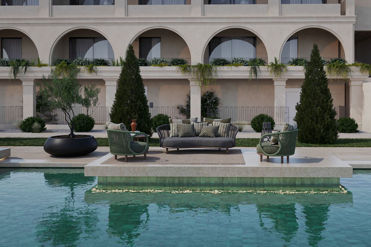 Ausblick vom Zimmer auf den Außenpool mit Sitzbereich