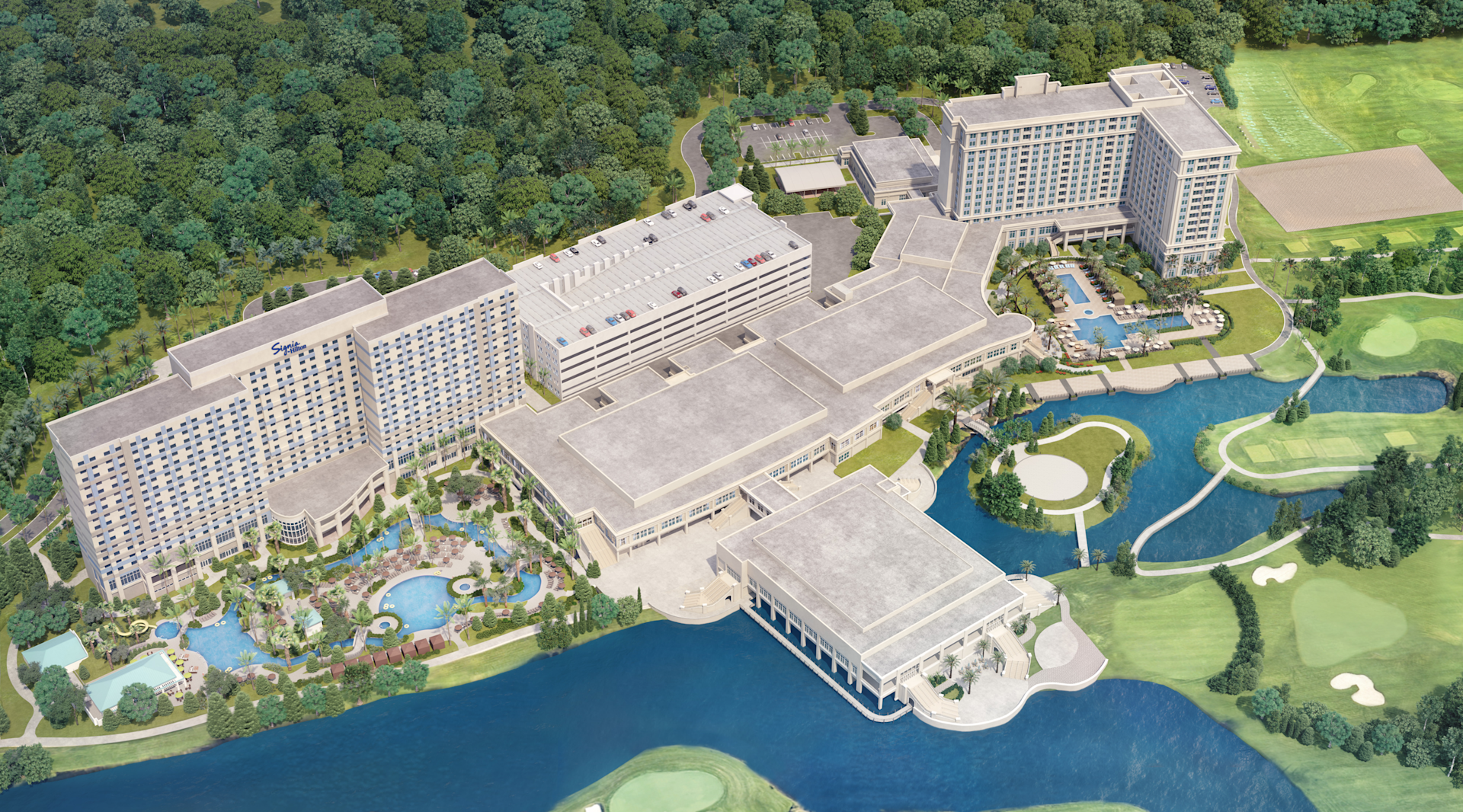 Vue aérienne de l'extérieur de l'hôtel avec des arbres, des piscines et un bassin