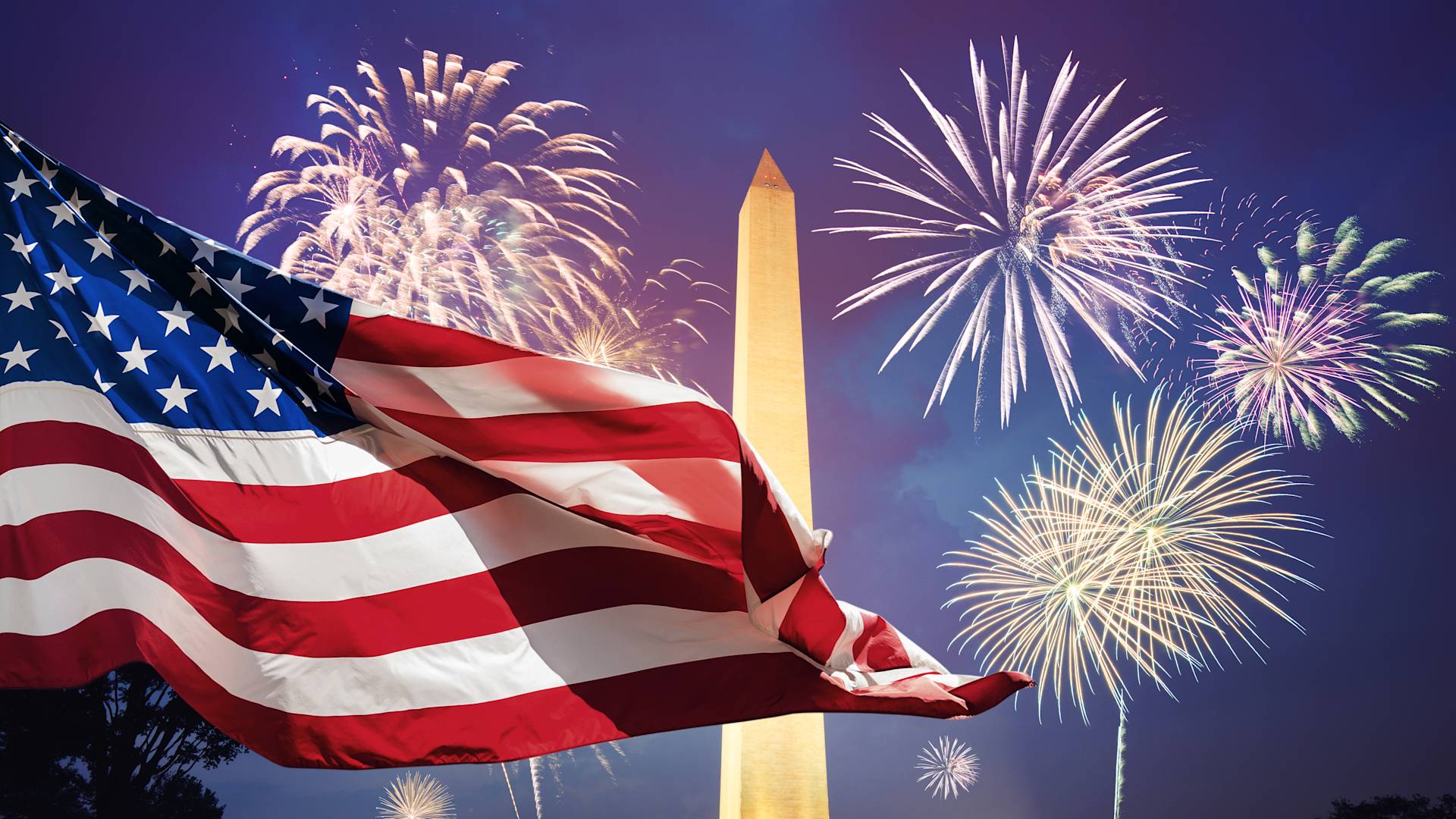 American Flag in Washington DC with Fireworks in Background