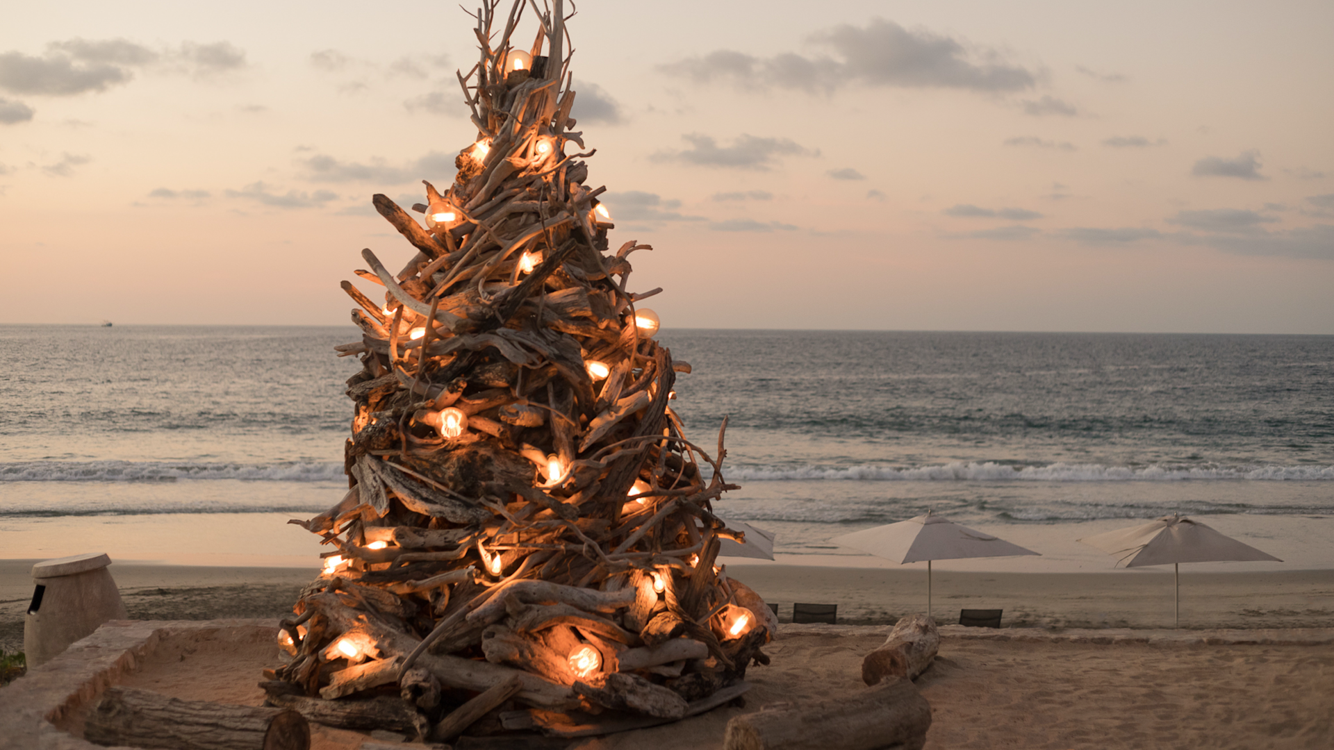 Driftwood-Weihnachtsbaum am beleuchteten Strand