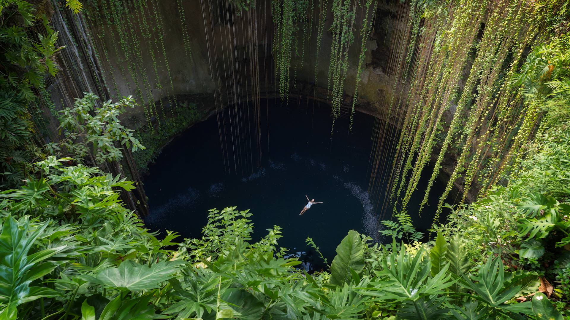 Frau schwebt im wunderschönen Cenote Swimming Hole, umgeben von kostbaren Weingläsern