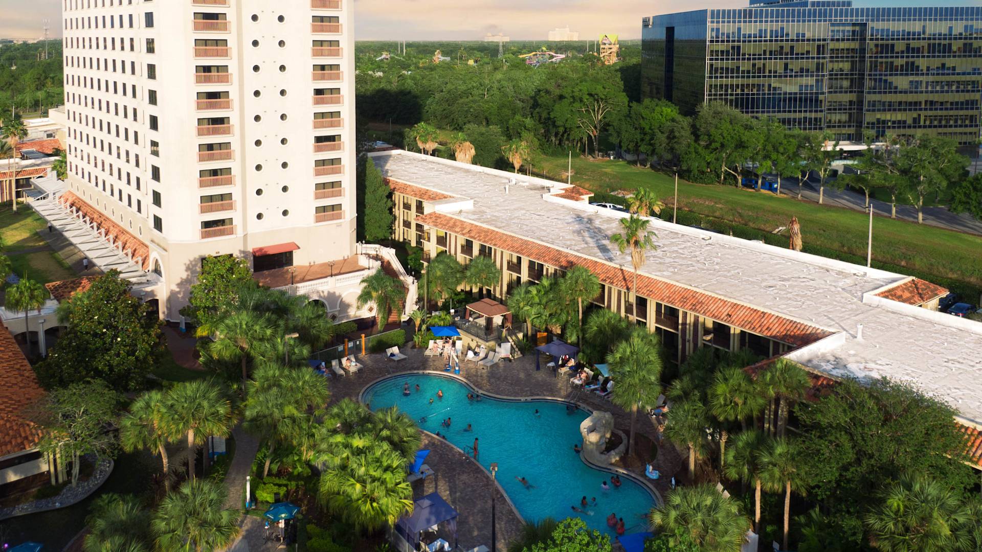 Aerial View of Hotel Tower and Lagoon Pool