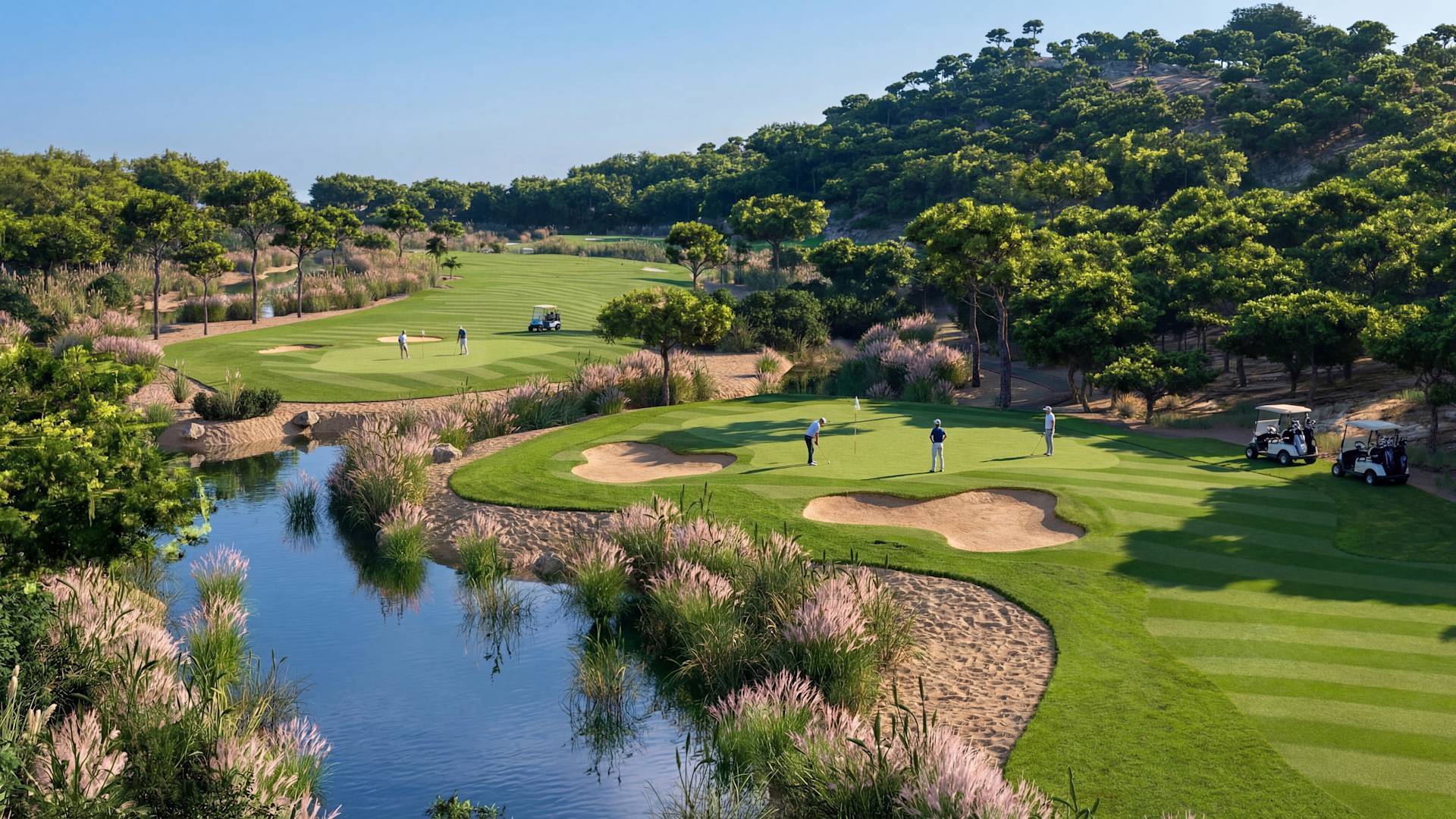 Oameni care se joacă pe un teren de golf cu nisip și caracteristici acvatice
