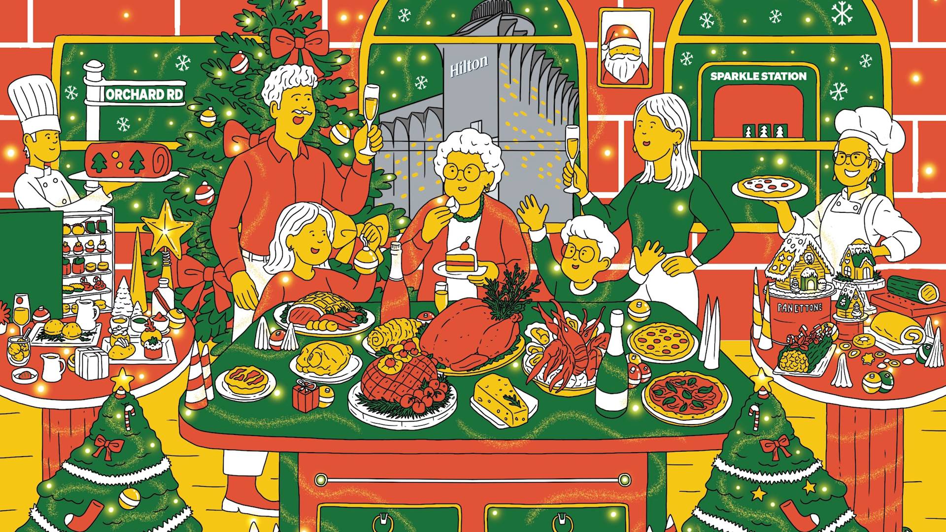animated image of a family eating holiday dinner, decorated holiday trees