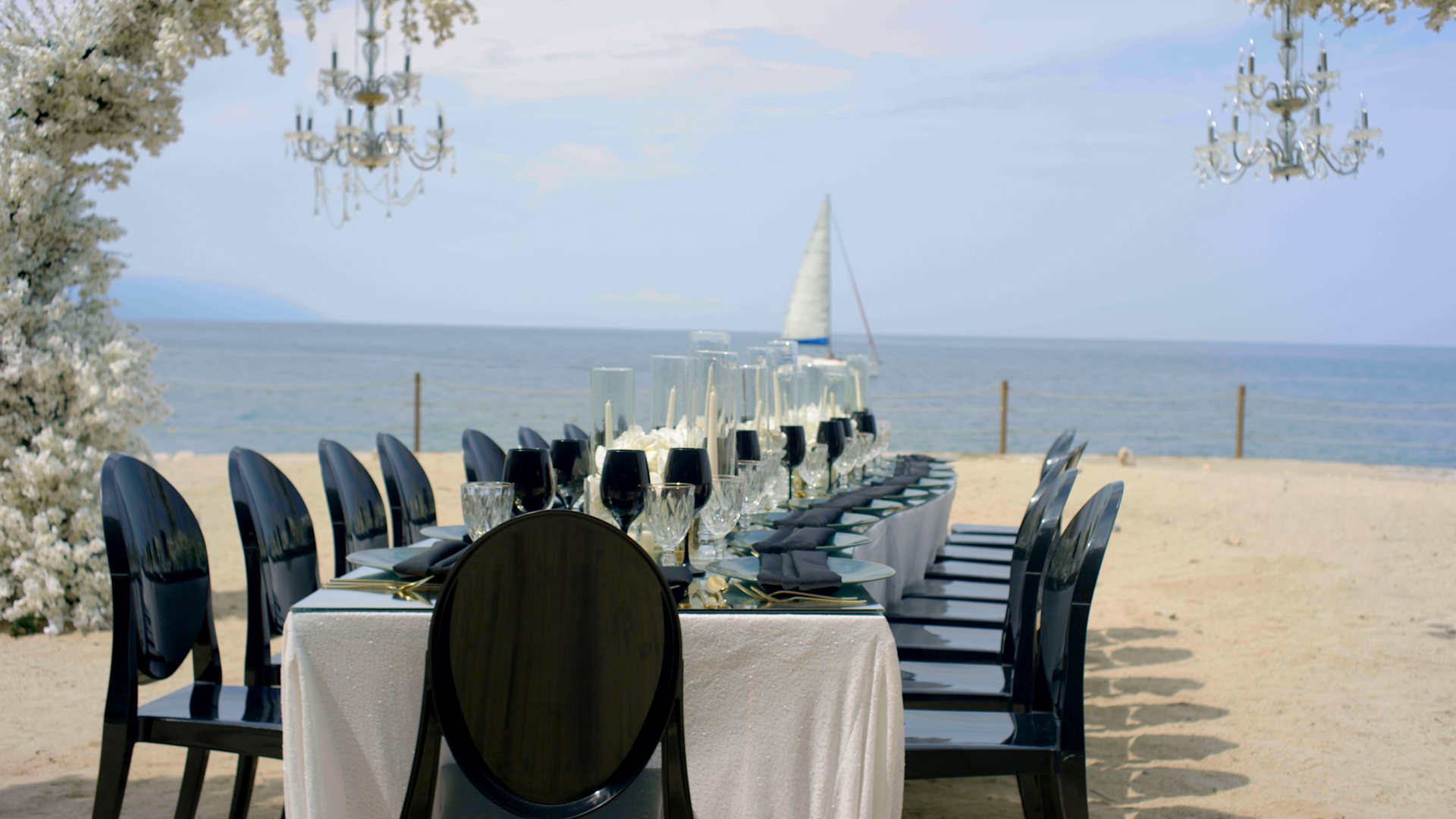 A wedding reception setup overlooking the sea.