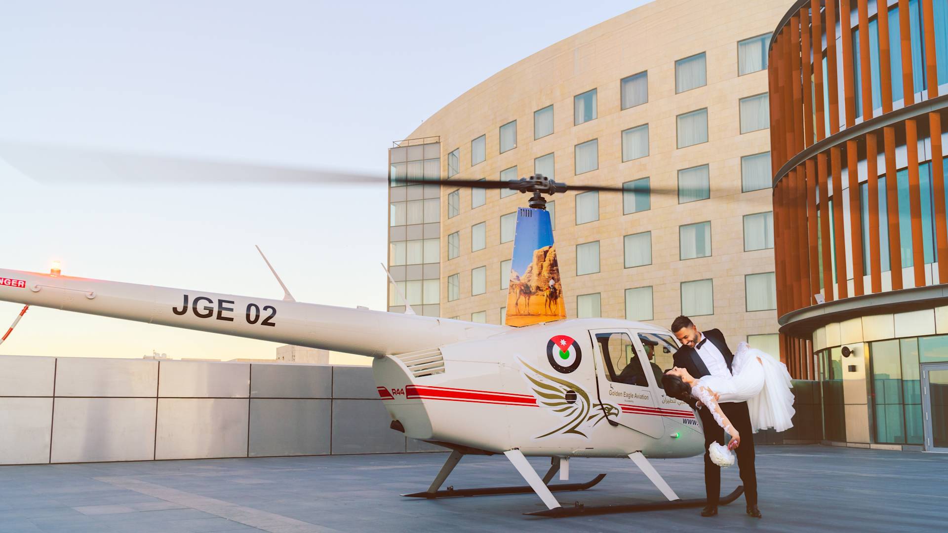 Wedding Couple with Helicopter
