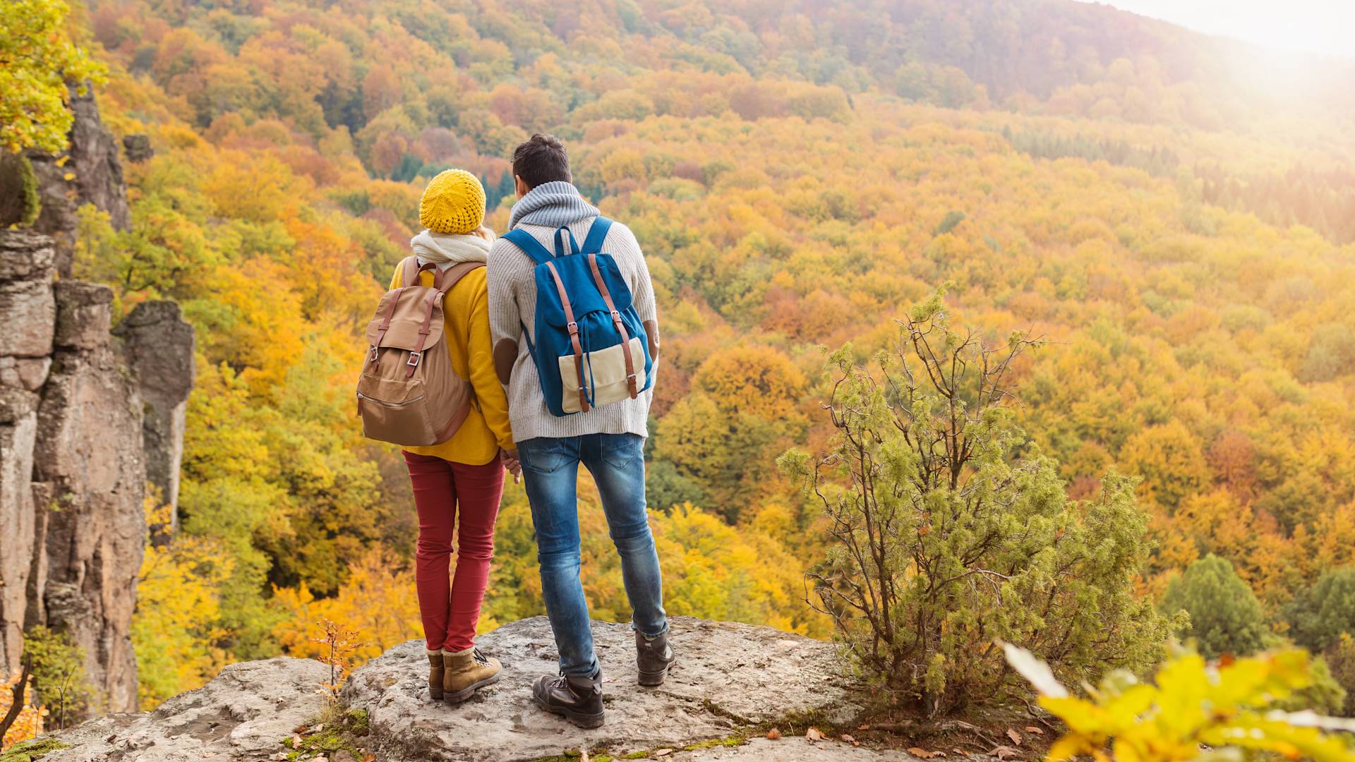 Una coppia vestita con abiti da esterno dai colori vivaci si affaccia su una foresta autunnale dall'alto.