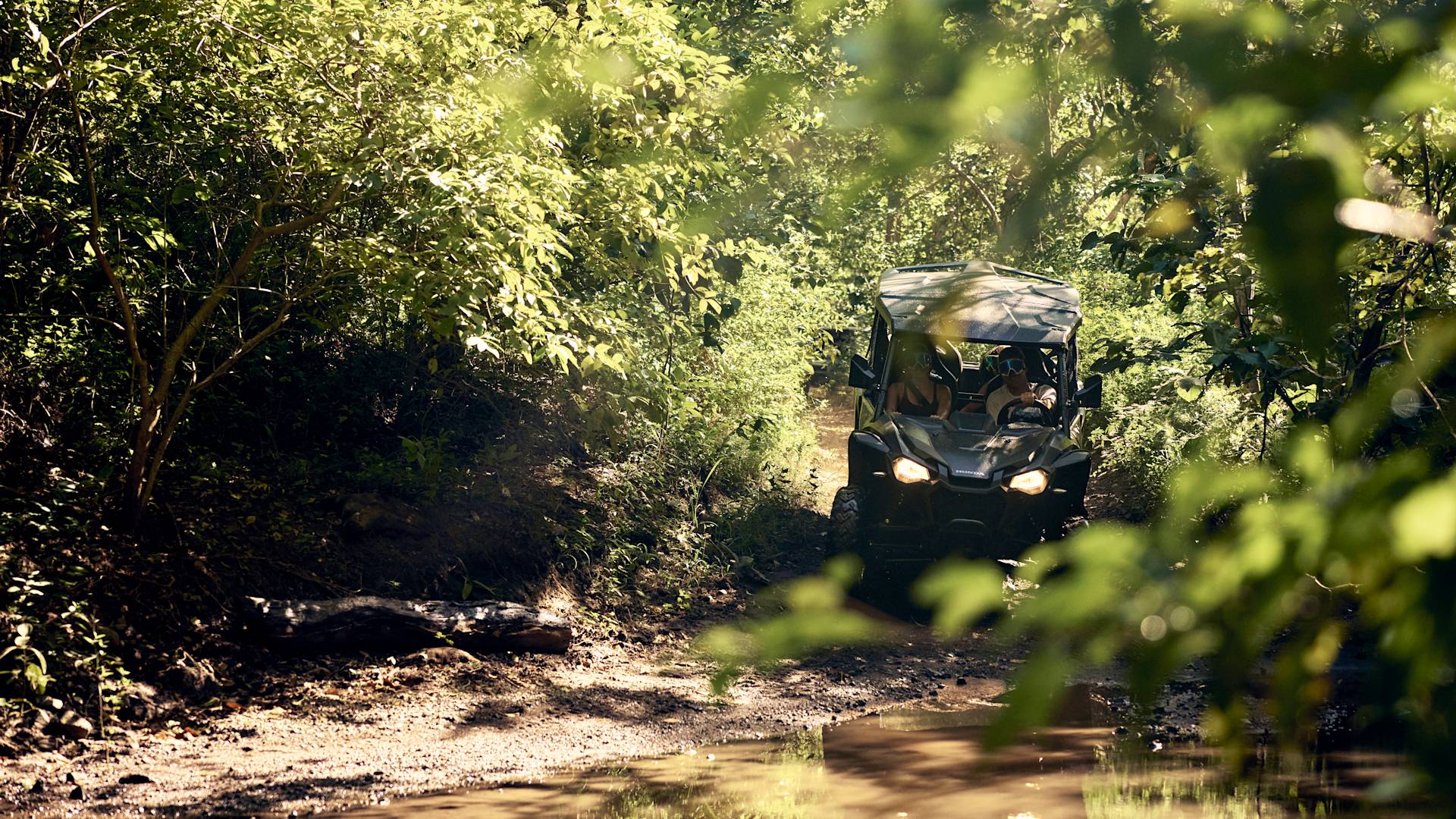 情侶在設有樹木及其他植被的區內享受 UTV 汽車遊樂