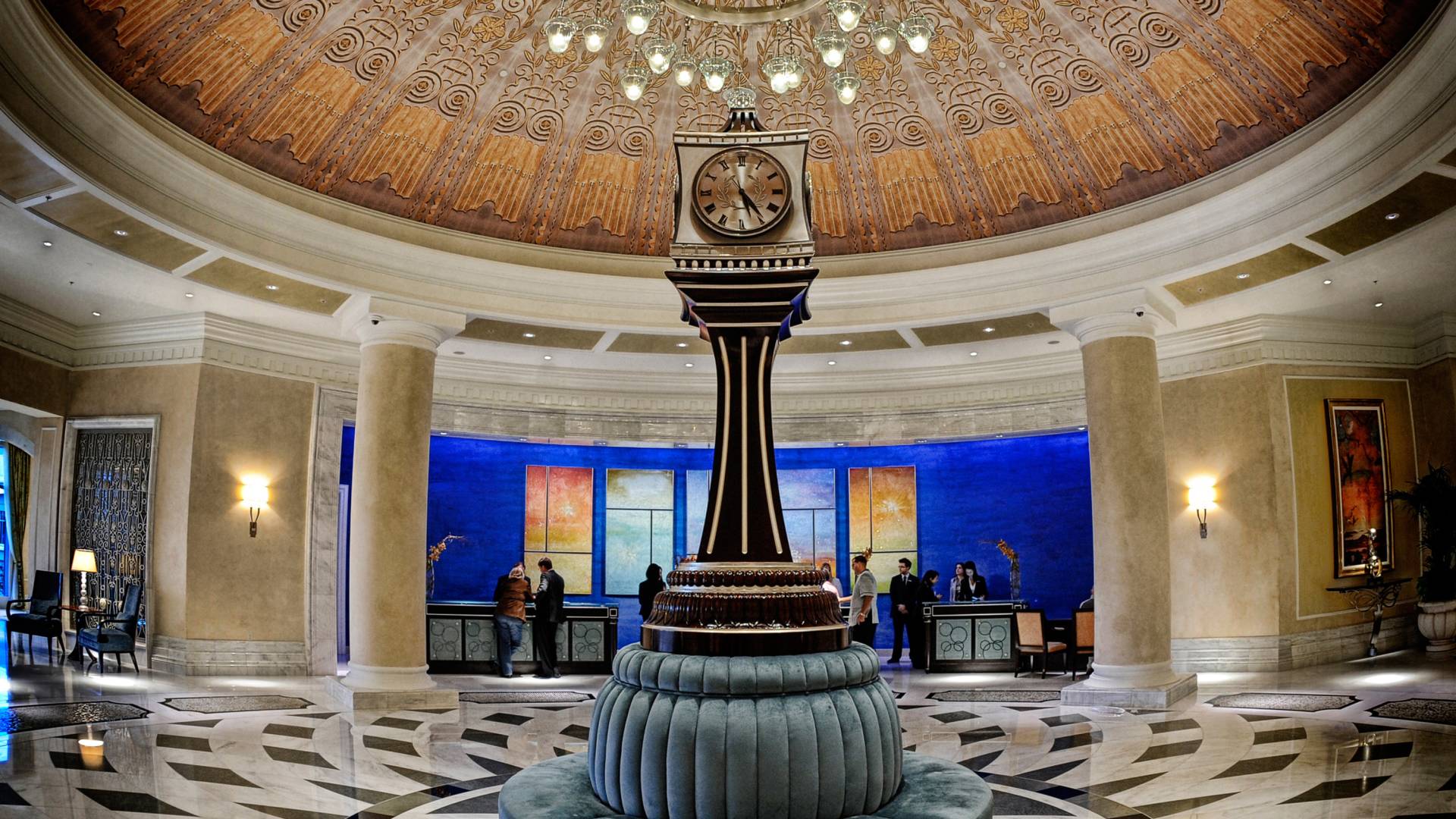 Lobby with Clock and Ornate Ceiling