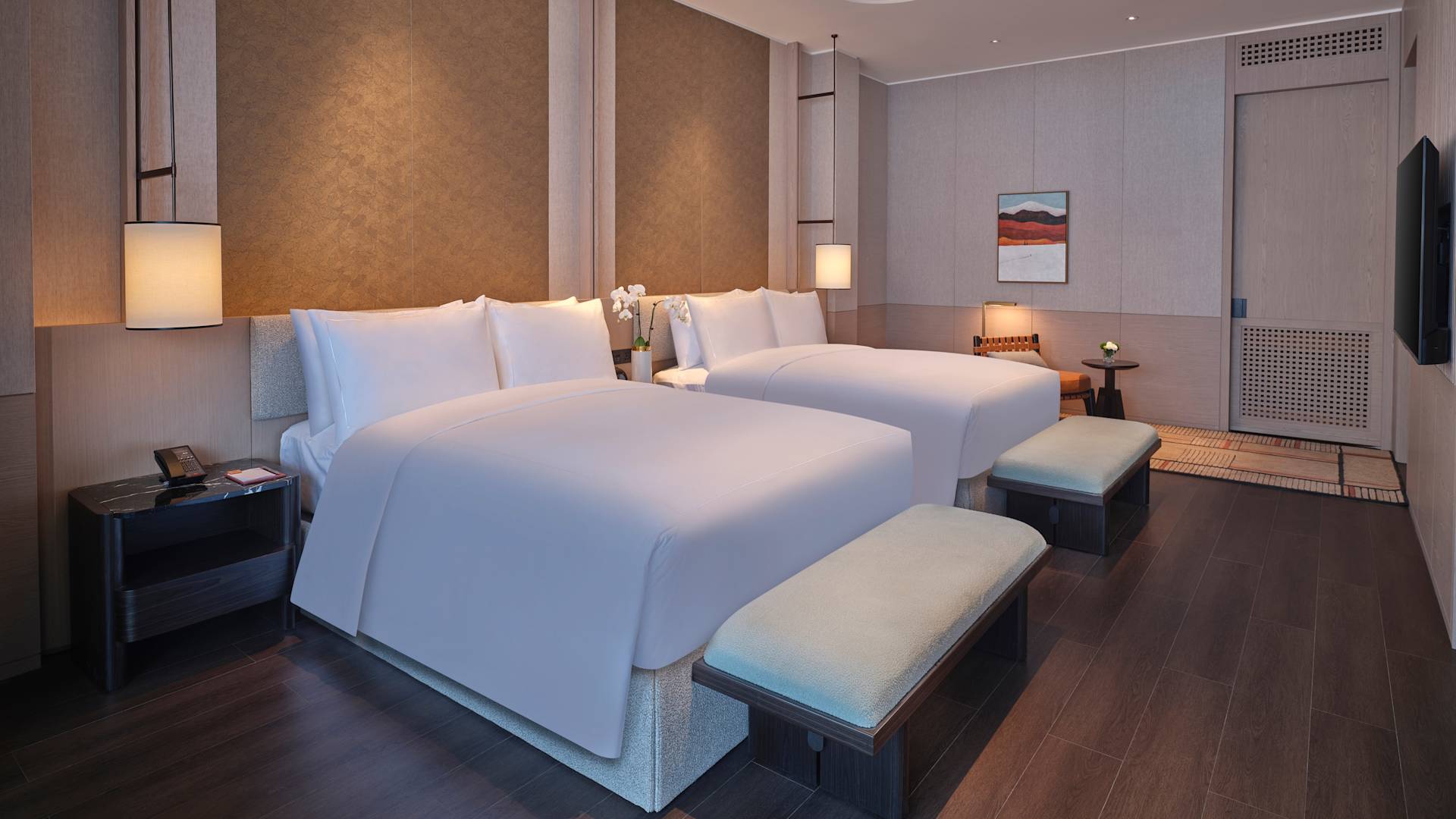 Odada iki yatak, TV, duvarda sanat eserleri ve sandalye