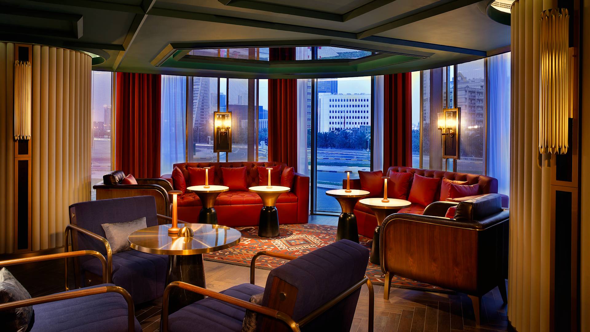 Trade Room lounge, window views of the city