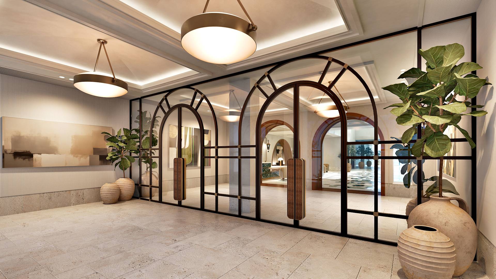 Lobby-Foyer mit Pflanzen und Kunstwerken