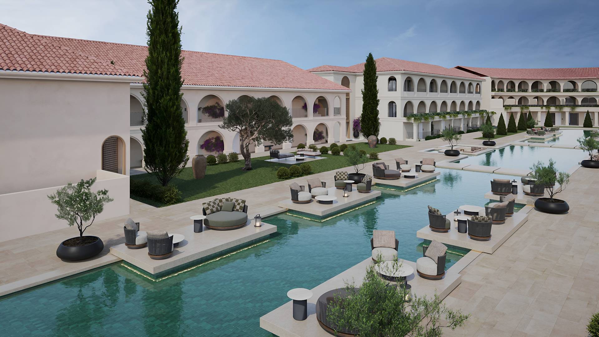 Ausblick vom Zimmer mit Außenpool und Sitzbereich