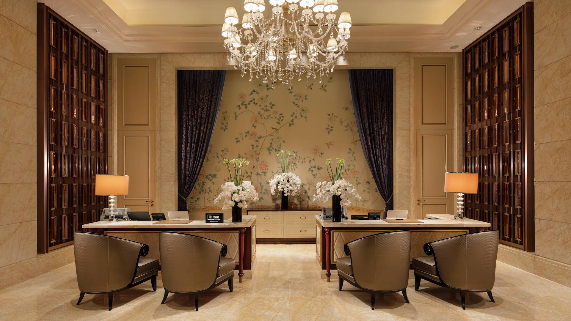 Reception area with tables and chairs