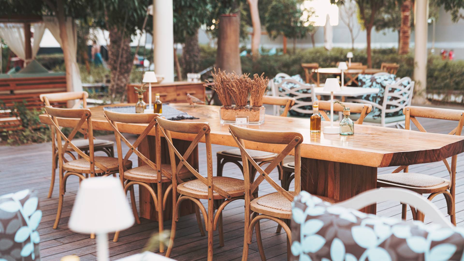 table and chairs set up outside