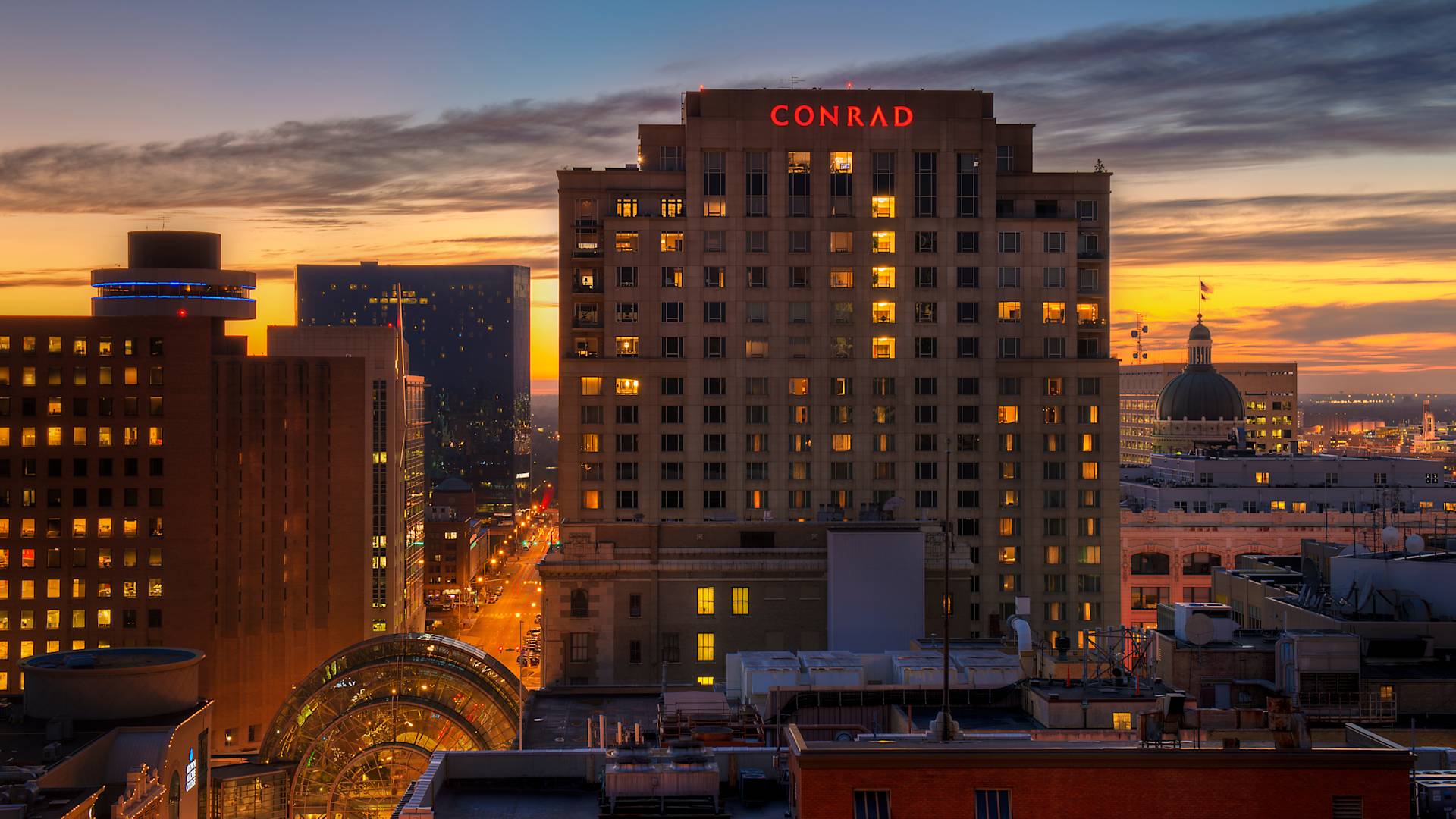 Night time Hotel Exterior and surrounding buildings