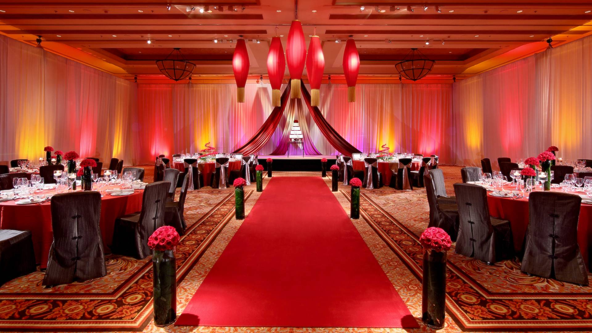 Ballroom Decorated in Red and Black for a Wedding Celebration