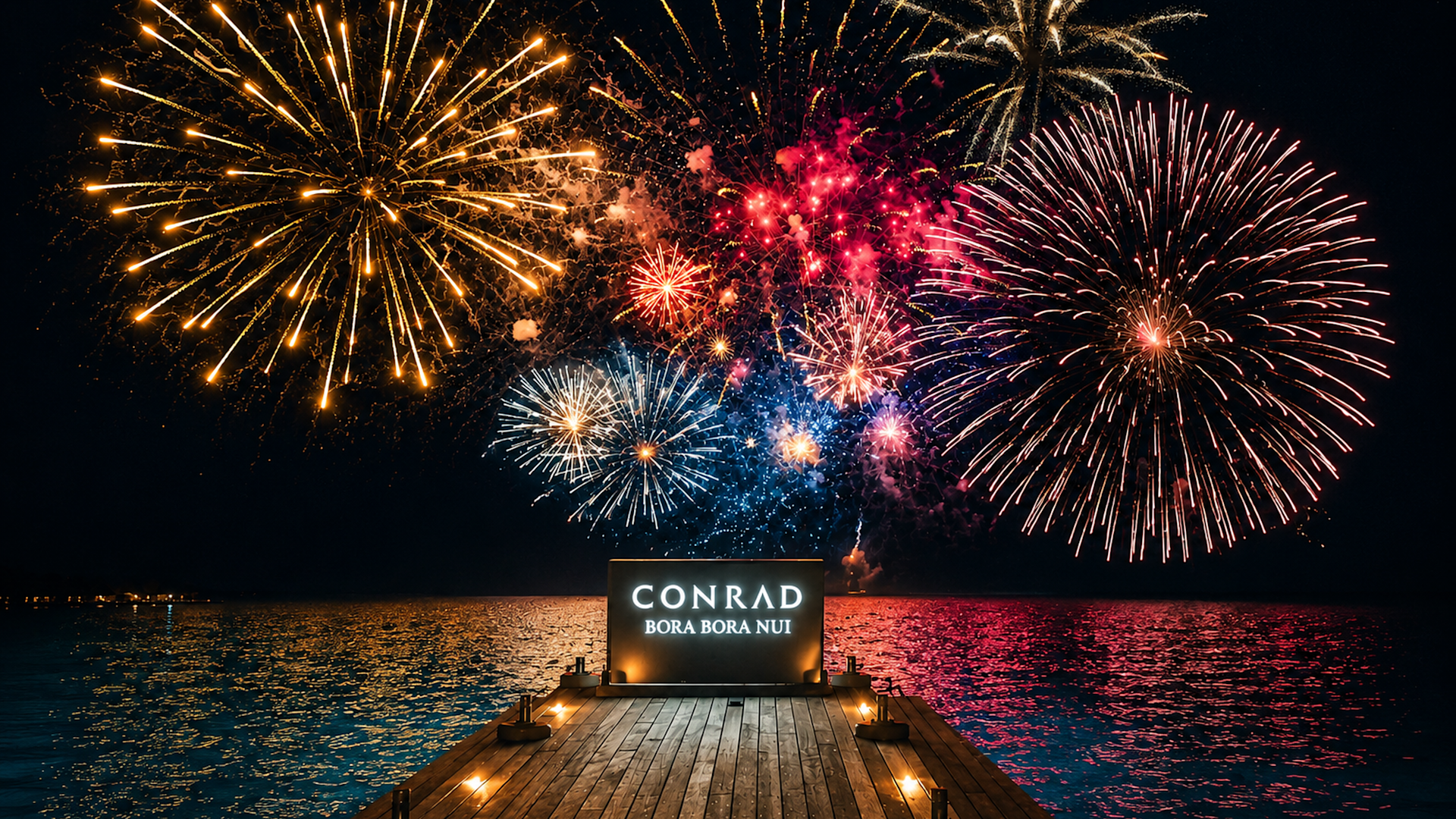 Fuochi d'artificio sul molo dell'hotel Conrad Bora Bora Nui di sera