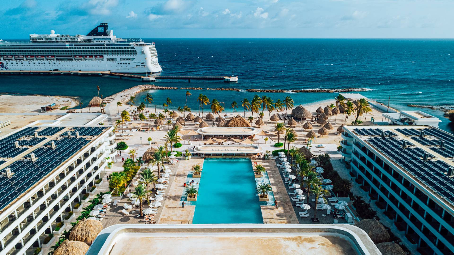 View of hotel buildings and sea
