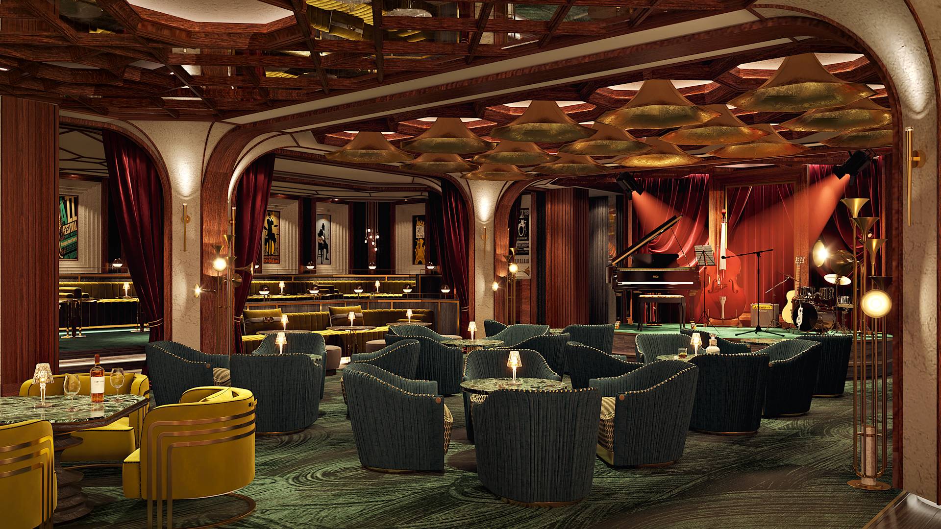 Jazzbar mit Tischbestuhlung undBühne mit Musikinstrumenten im Hintergrund.