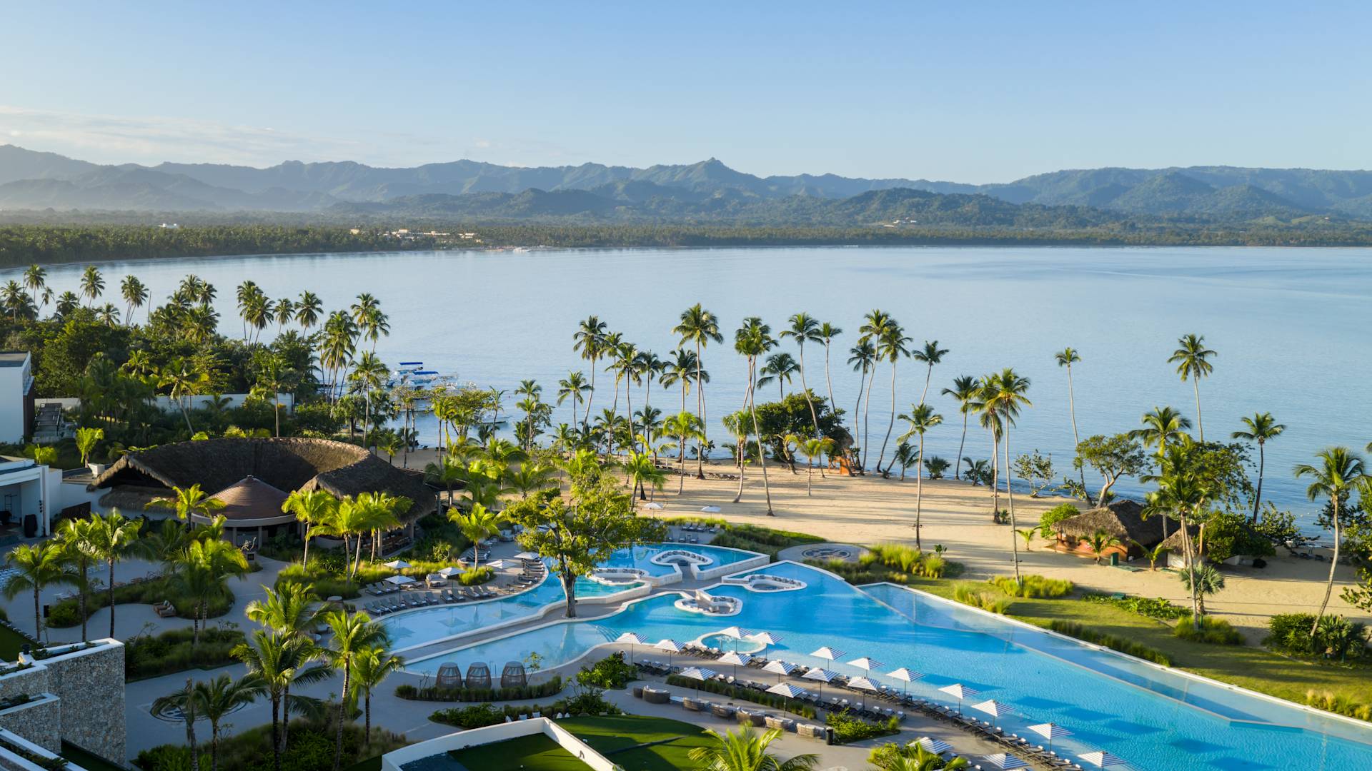 Aerial view of main pool complex beside the beach