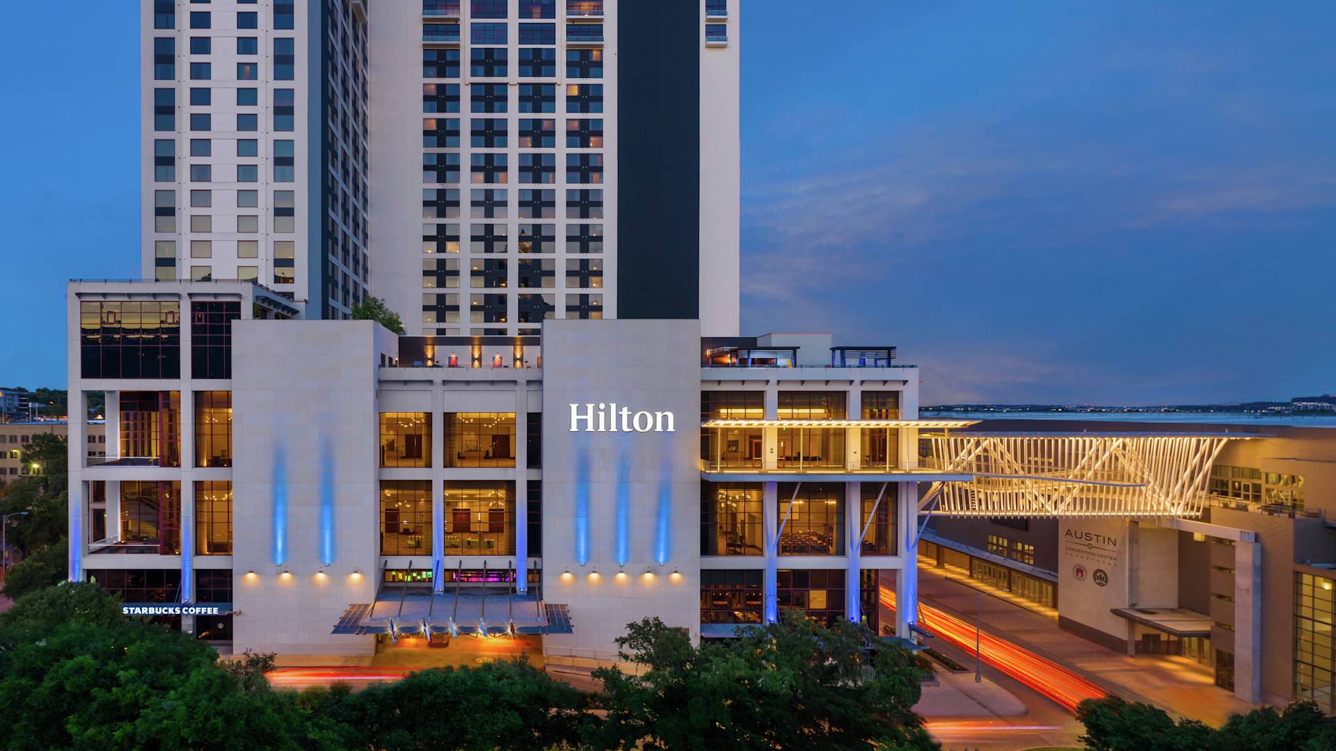 Exterior of Hilton Hotel Austin at Dusk