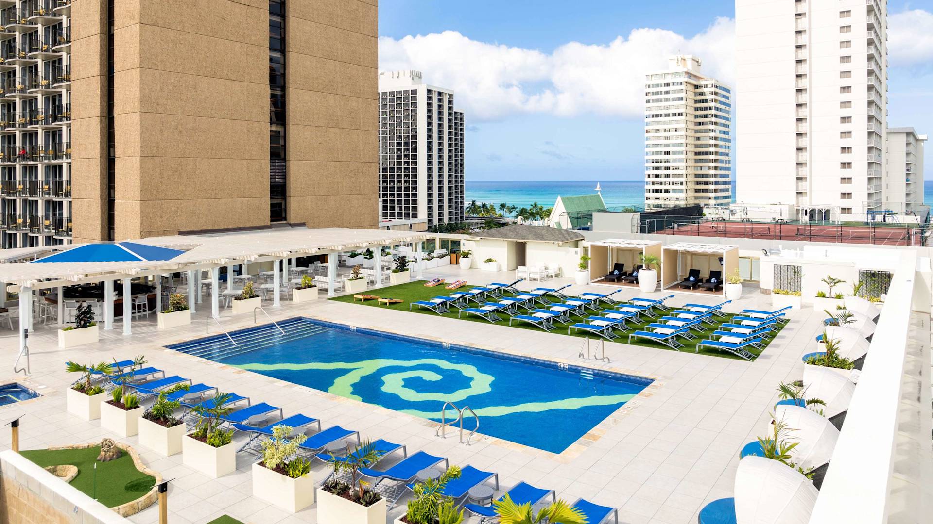 arial view of the outdoor pool, view of the ocean