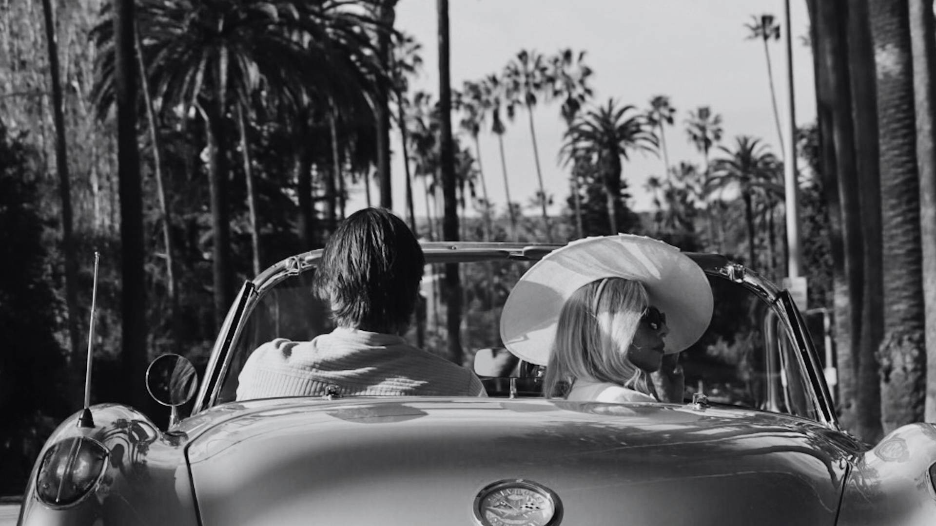 一对情侣驾驶敞篷科尔维特离去的黑白图像