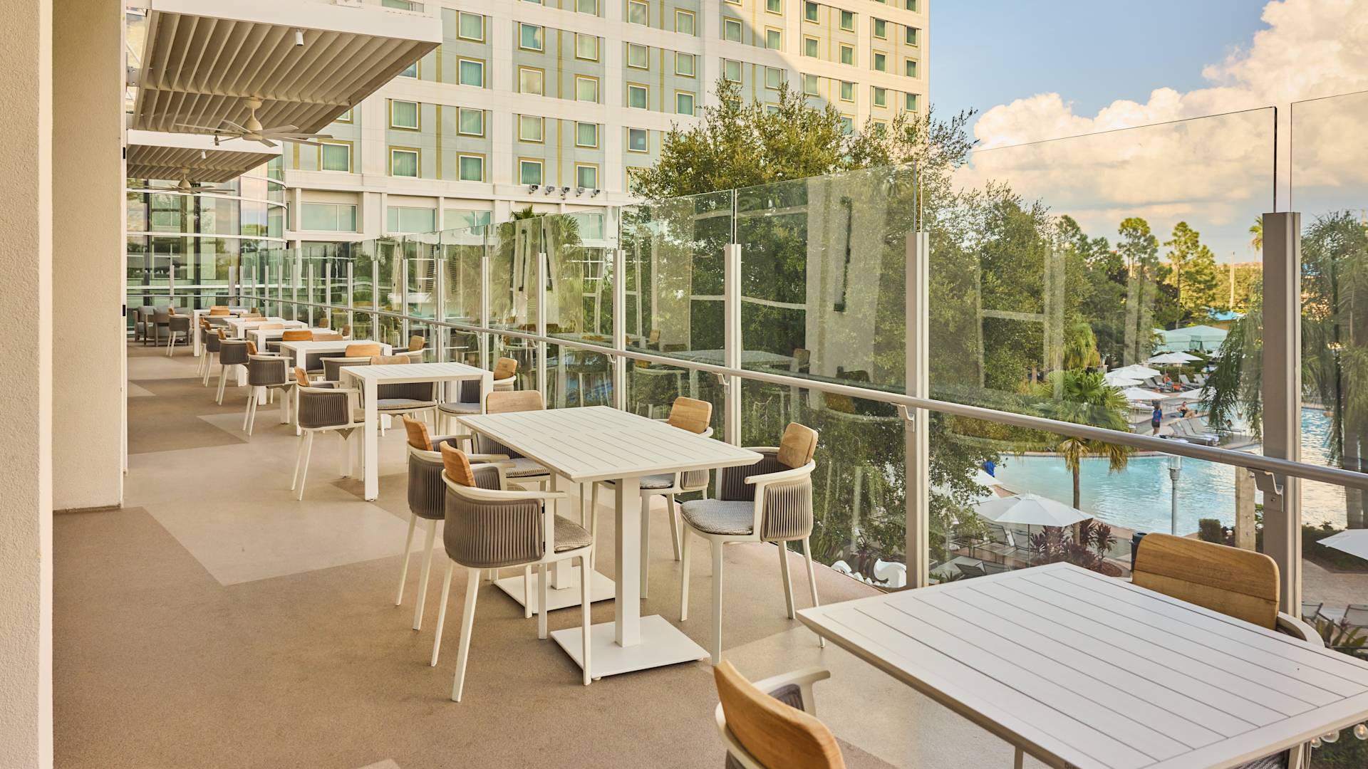 Trabucco restaurant, dining tables on the patio overlooking the pool