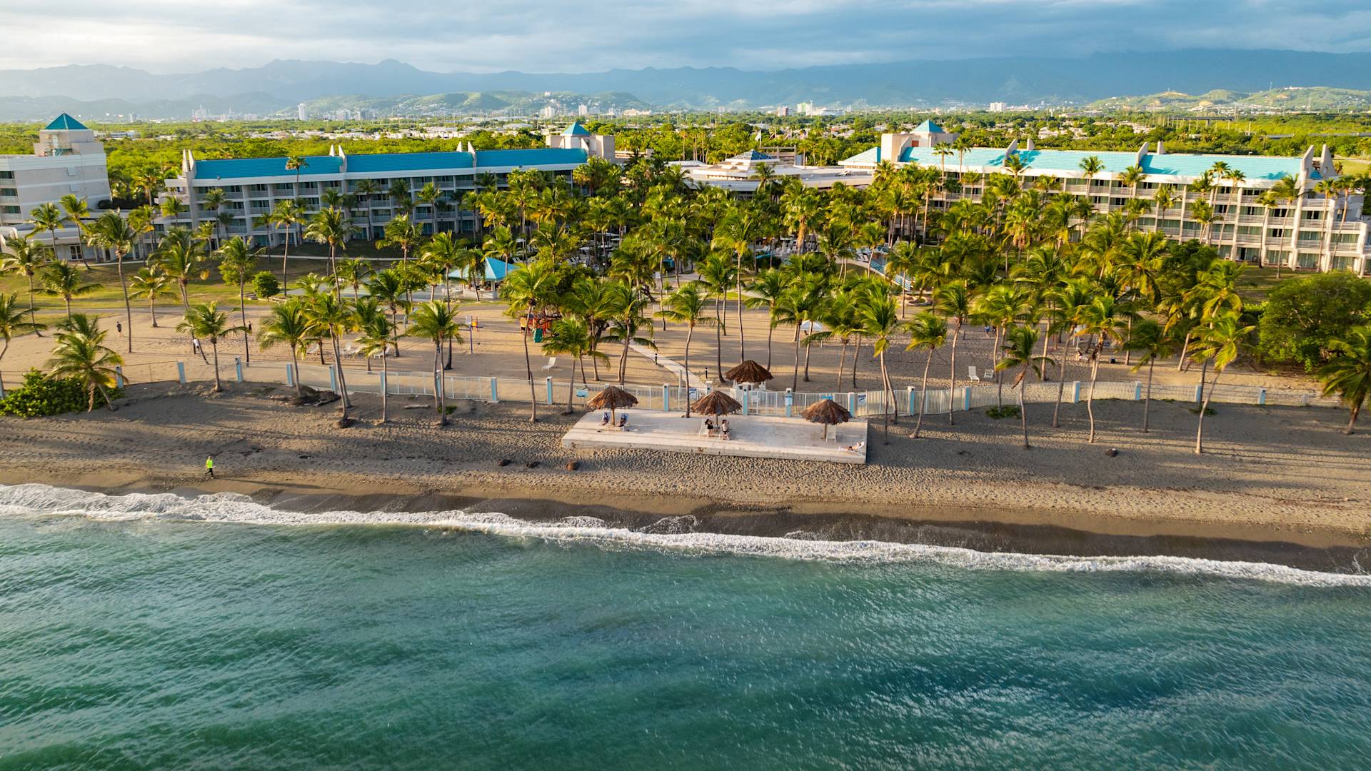 Aerial View of Hotel Exterior at the Beach with Palm Trees