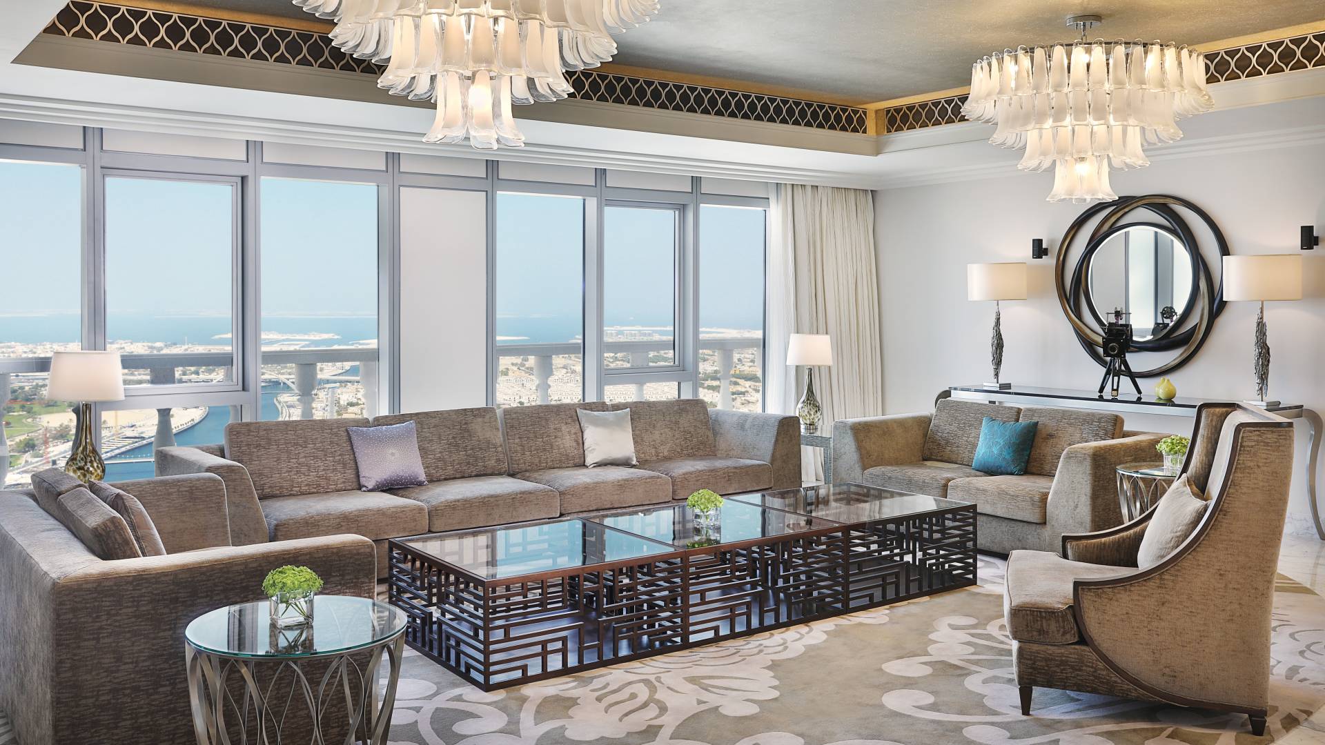 Presidential Suite Lounge Area with Elegant Lighting Fixtures and Modern Decor